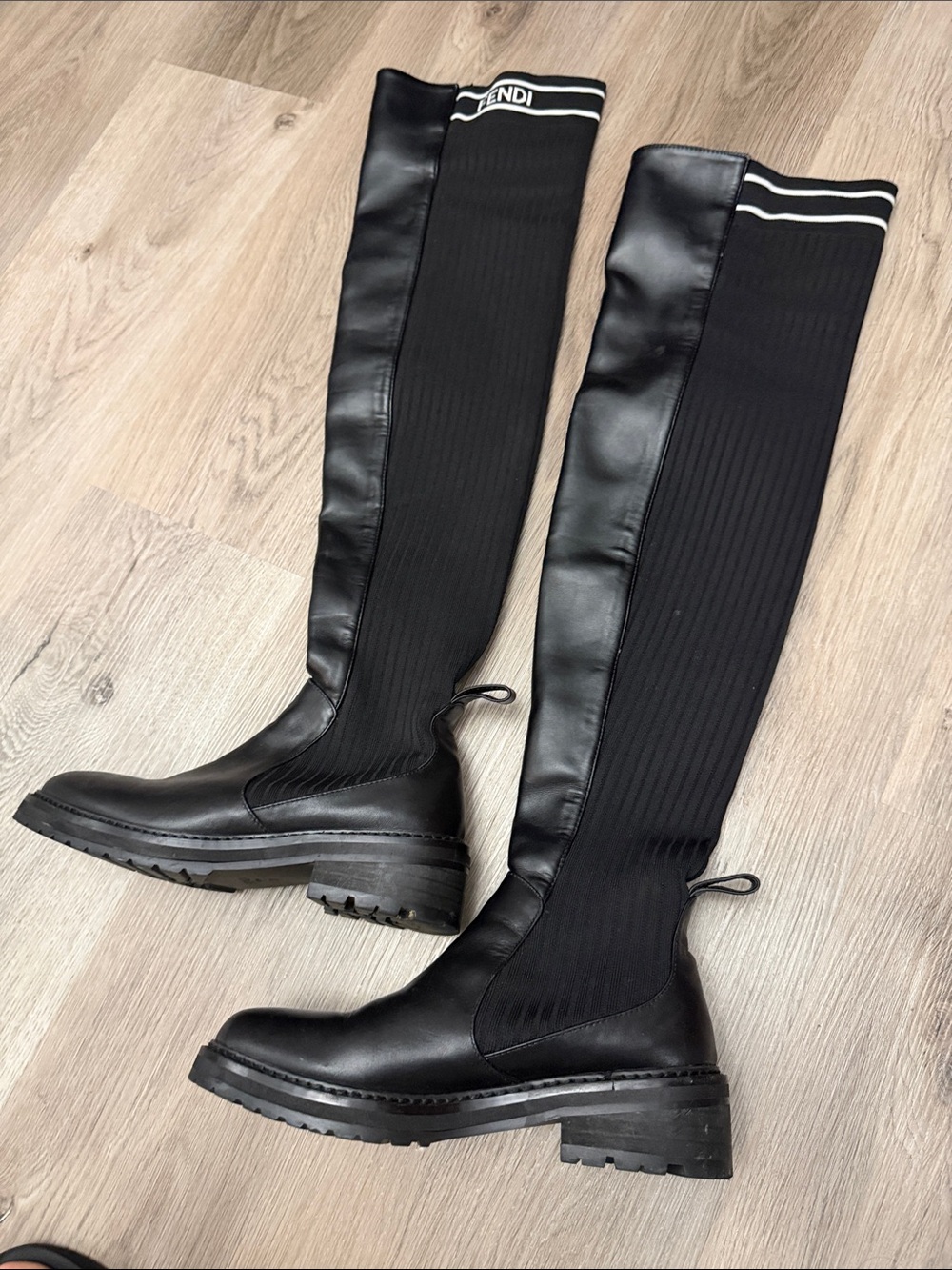 Fendi Black Ribbed Over-the-Knee Leather Boots with Logo Trim - Picture 14 of 14